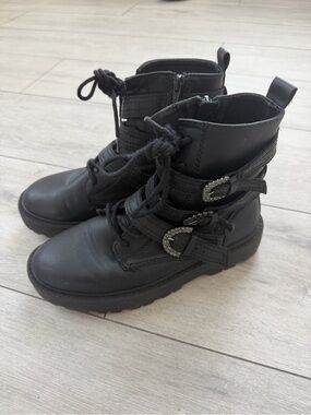 Zara Black Kids Lace-Up Ankle Boots with Rhinestone Buckles